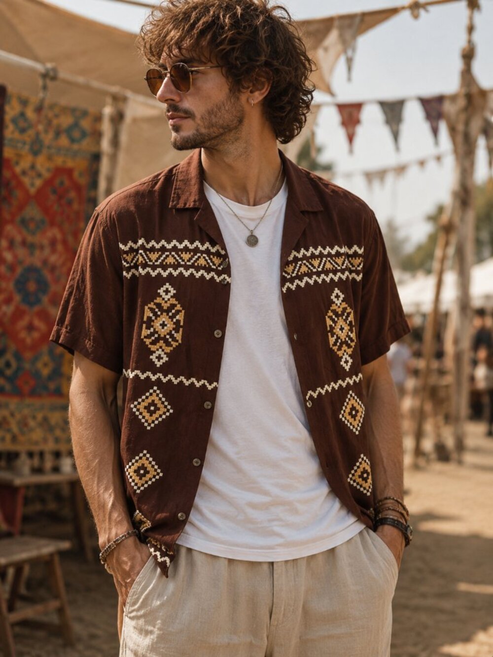 ASOS Brown Resort Shirt Southwestern Print Men's Medium